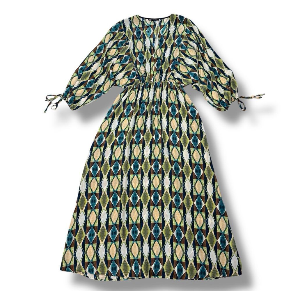 Zara Geometric Print Sateen Maxi Dress Green Blue Tan‎ Long Sleeve Small - Picture 13 of 13
